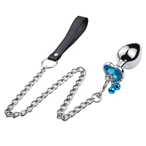Crystal Heart Buttplug Stainless Steel Leash Chain Anal Plug Bells