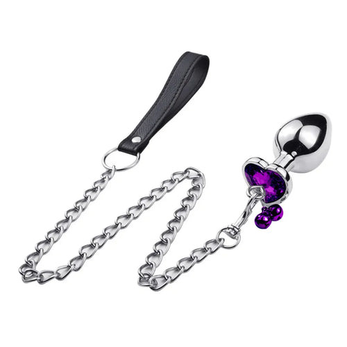 Crystal Heart Buttplug Stainless Steel Leash Chain Anal Plug Bells