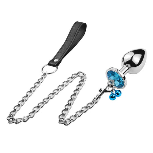 Crystal Heart Buttplug Stainless Steel Leash Chain Anal Plug Bells