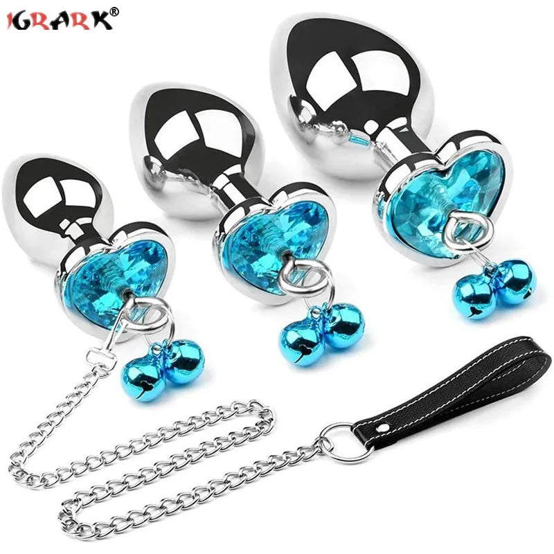 Crystal Heart Buttplug Stainless Steel Leash Chain Anal Plug Bells