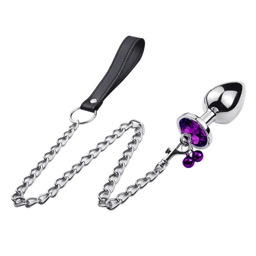 Crystal Heart Buttplug Stainless Steel Leash Chain Anal Plug Bells