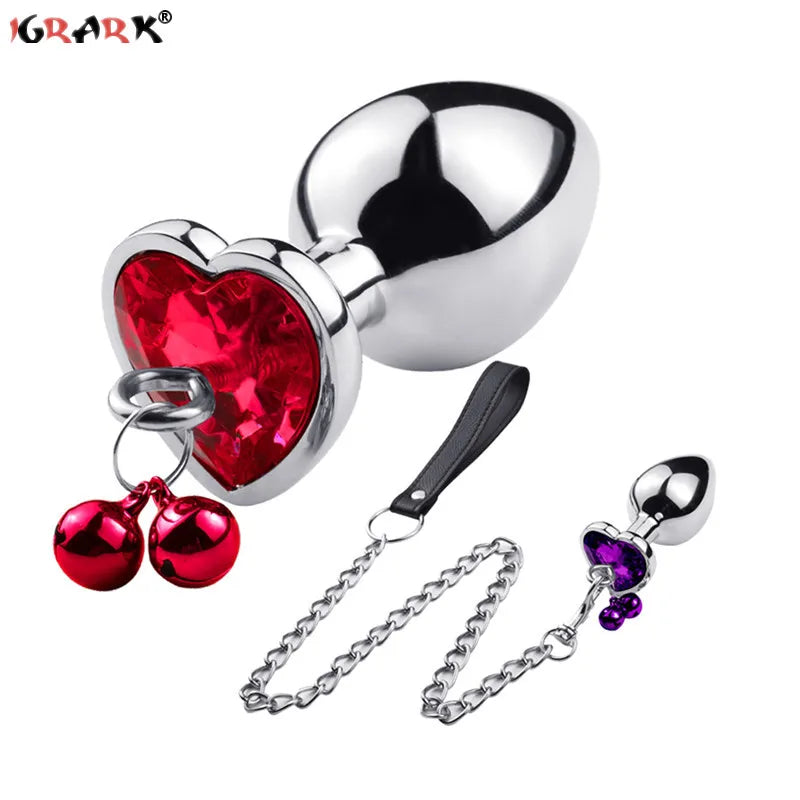 Crystal Heart Buttplug Stainless Steel Leash Chain Anal Plug Bells