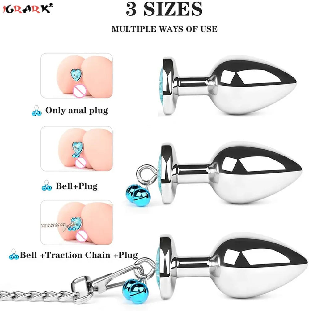 Crystal Heart Buttplug Stainless Steel Leash Chain Anal Plug Bells