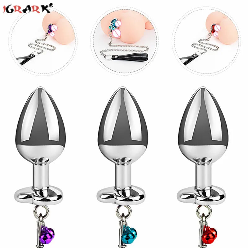 Crystal Heart Buttplug Stainless Steel Leash Chain Anal Plug Bells