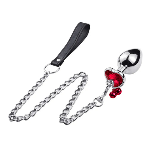 Crystal Heart Buttplug Stainless Steel Leash Chain Anal Plug Bells