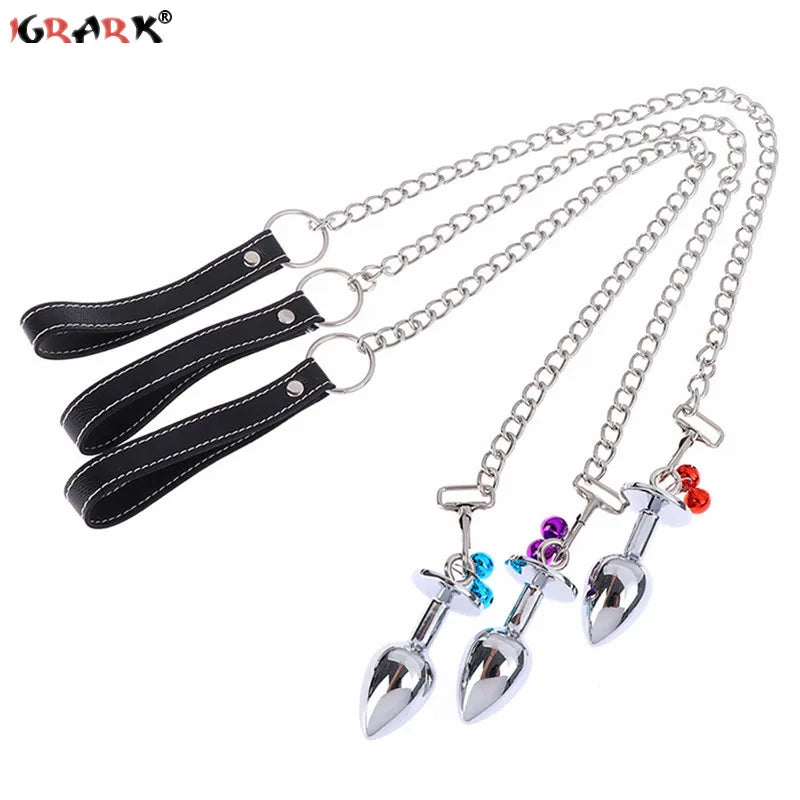 Crystal Heart Buttplug Stainless Steel Leash Chain Anal Plug Bells