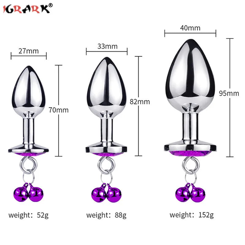 Crystal Heart Buttplug Stainless Steel Leash Chain Anal Plug Bells
