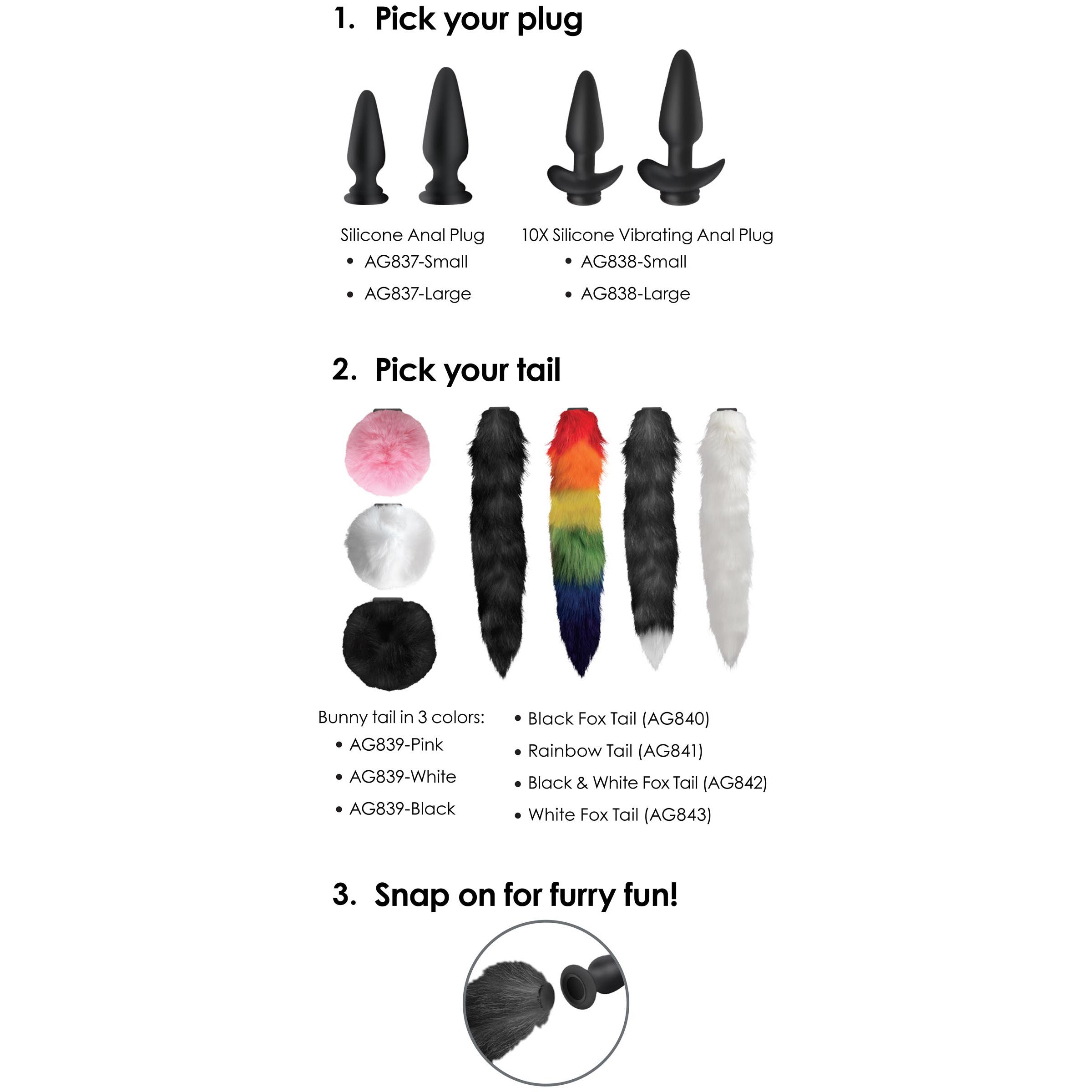 Snap-On Vibrating Silicone Anal Plug & 3 Tails w- Remote Control